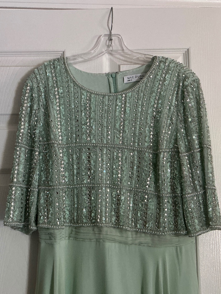 Green Chiffon Gown W/ Fully Beaded 3/4 Sleeve Top